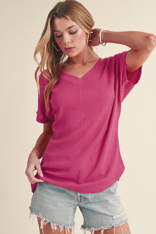 Sapphire Crinkled V Neck Wide Sleeve T-shirt - Sleekdenim.com