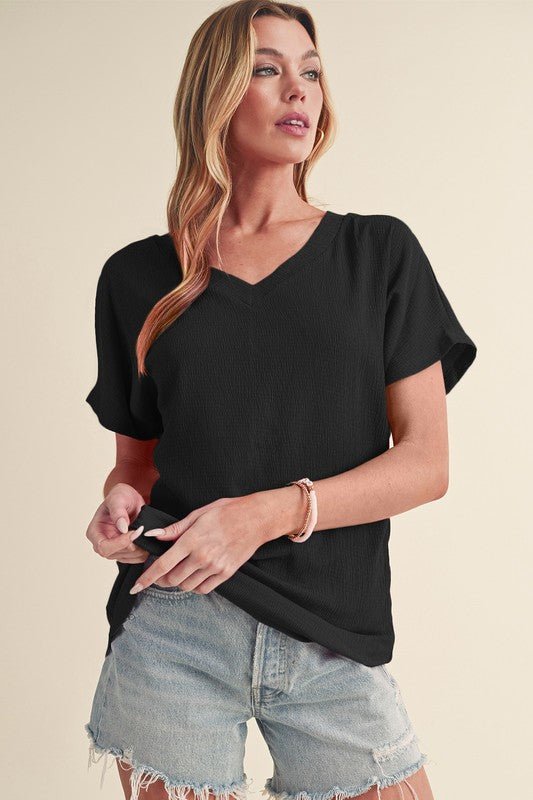 Sapphire Crinkled V Neck Wide Sleeve T-shirt - Sleekdenim.com
