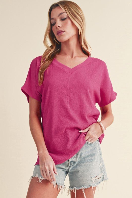 Sapphire Crinkled V Neck Wide Sleeve T-shirt - Sleekdenim.com