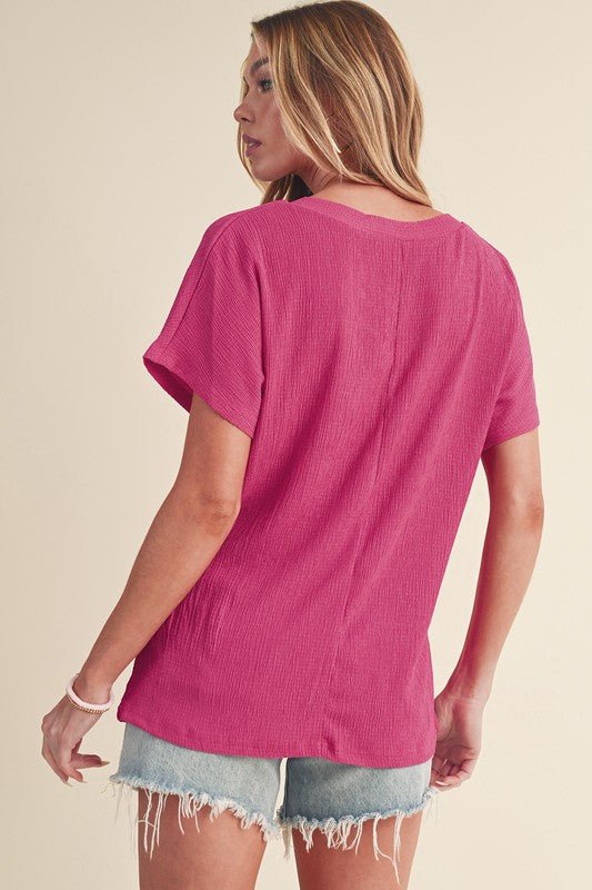 Sapphire Crinkled V Neck Wide Sleeve T-shirt - Sleekdenim.com