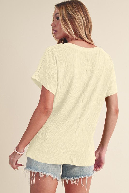 Sapphire Crinkled V Neck Wide Sleeve T-shirt - Sleekdenim.com