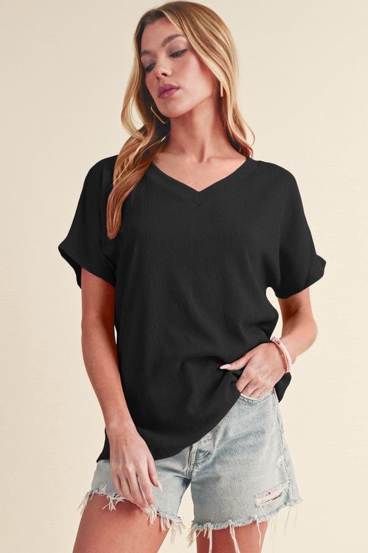 Sapphire Crinkled V Neck Wide Sleeve T-shirt - Sleekdenim.com