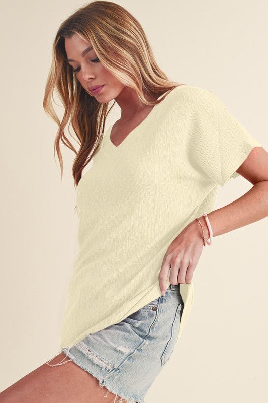 Sapphire Crinkled V Neck Wide Sleeve T-shirt - Sleekdenim.com