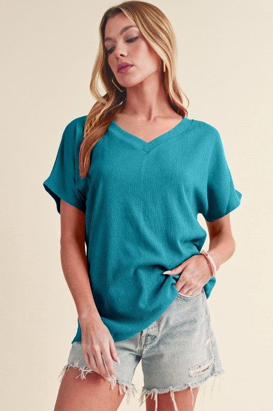 Sapphire Crinkled V Neck Wide Sleeve T-shirt - Sleekdenim.com