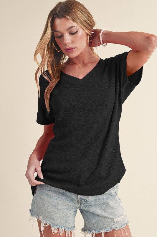 Sapphire Crinkled V Neck Wide Sleeve T-shirt - Sleekdenim.com