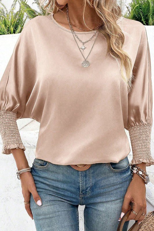 Shirred Dolman Sleeve Satin Blouse - Sleekdenim.com