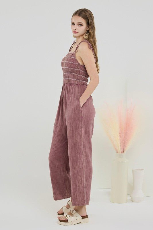 Smocked Top Wide Leg Gauze Jumpsuits - Sleekdenim.com