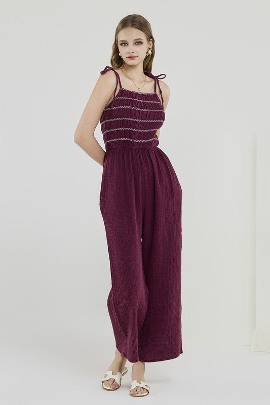 Smocked Top Wide Leg Gauze Jumpsuits - Sleekdenim.com