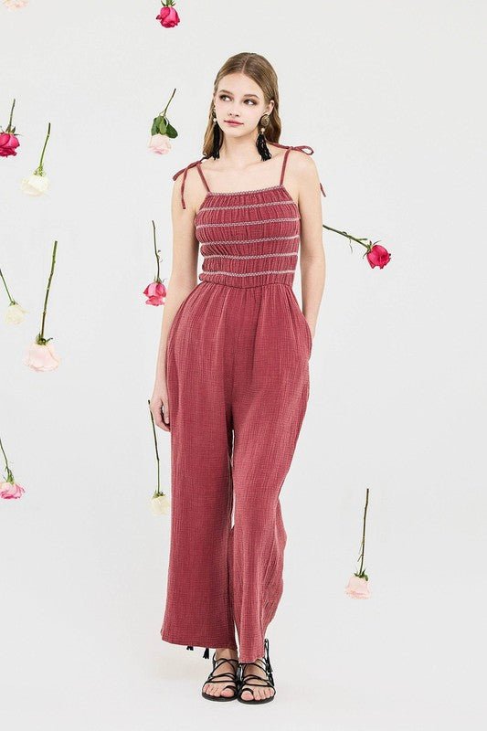 Smocked Top Wide Leg Gauze Jumpsuits - Sleekdenim.com