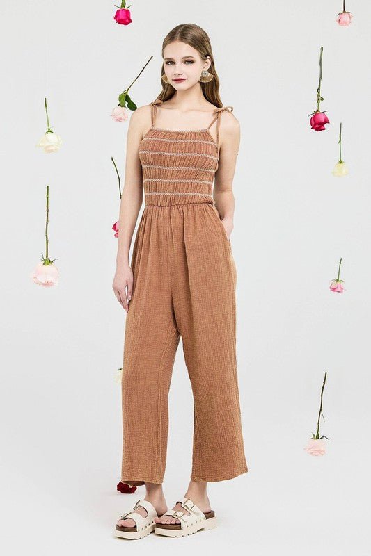 Smocked Top Wide Leg Gauze Jumpsuits - Sleekdenim.com