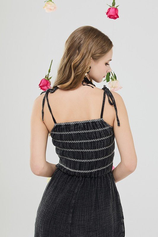 Smocked Top Wide Leg Gauze Jumpsuits - Sleekdenim.com