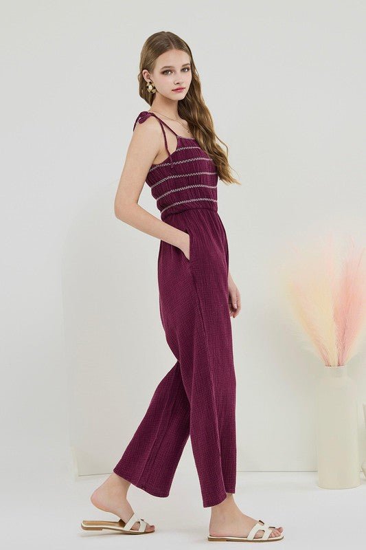 Smocked Top Wide Leg Gauze Jumpsuits - Sleekdenim.com