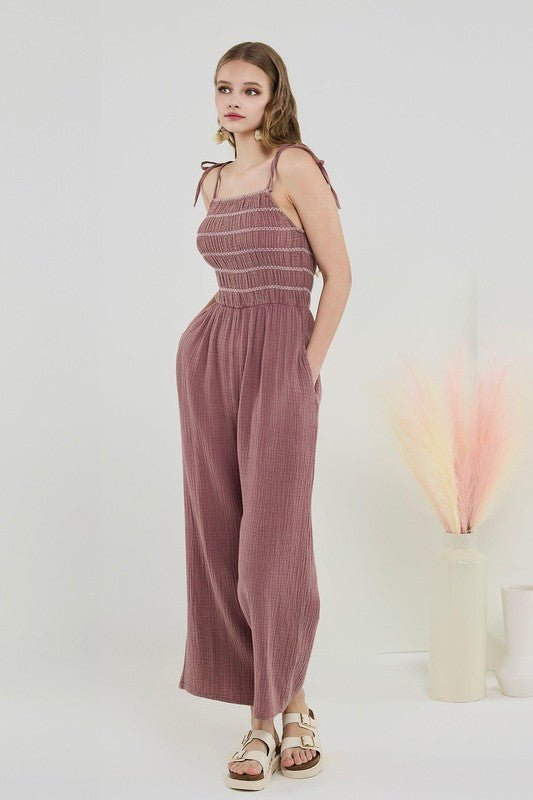 Smocked Top Wide Leg Gauze Jumpsuits - Sleekdenim.com