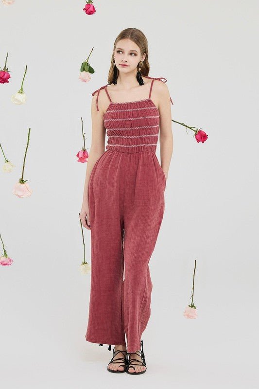 Smocked Top Wide Leg Gauze Jumpsuits - Sleekdenim.com