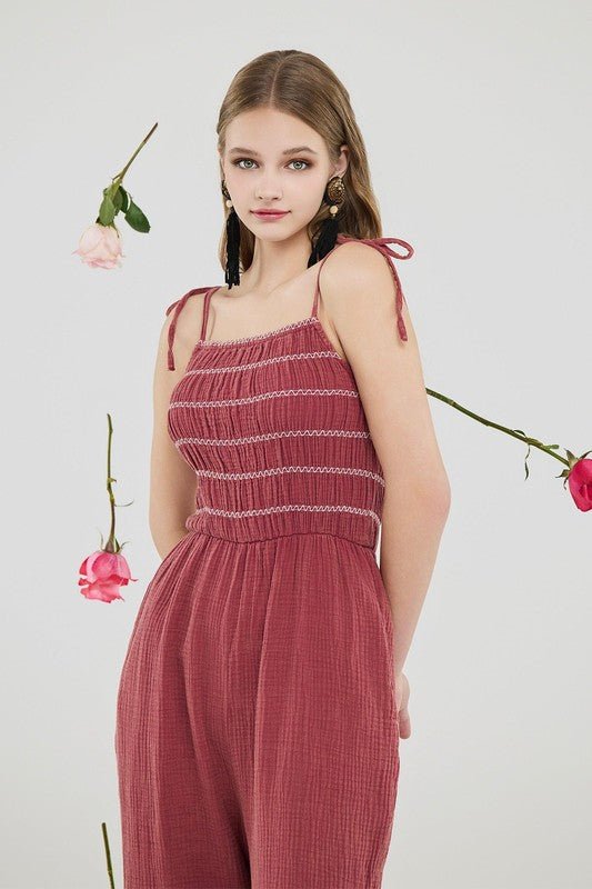 Smocked Top Wide Leg Gauze Jumpsuits - Sleekdenim.com
