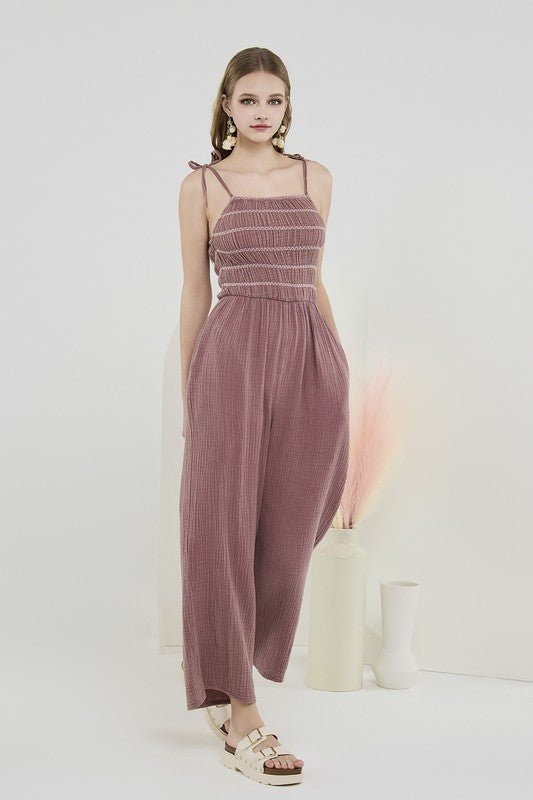 Smocked Top Wide Leg Gauze Jumpsuits - Sleekdenim.com