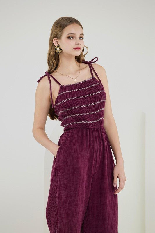 Smocked Top Wide Leg Gauze Jumpsuits - Sleekdenim.com