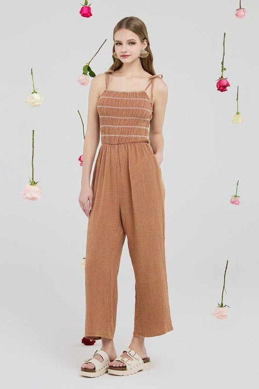 Smocked Top Wide Leg Gauze Jumpsuits - Sleekdenim.com