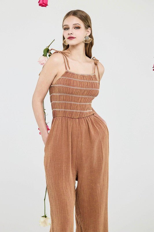 Smocked Top Wide Leg Gauze Jumpsuits - Sleekdenim.com