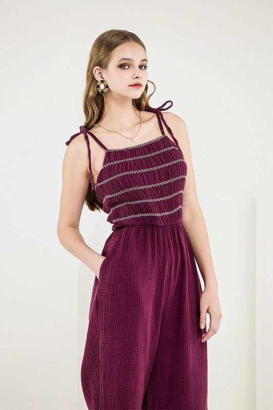 Smocked Top Wide Leg Gauze Jumpsuits - Sleekdenim.com