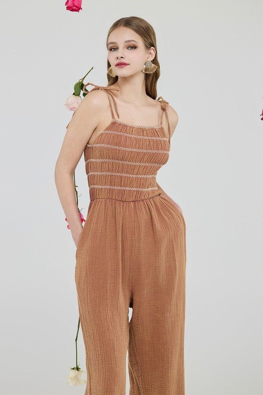 Smocked Top Wide Leg Gauze Jumpsuits - Sleekdenim.com