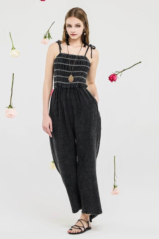 Smocked Top Wide Leg Gauze Jumpsuits - Sleekdenim.com