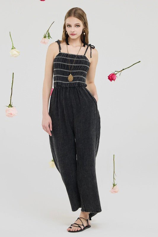 Smocked Top Wide Leg Gauze Jumpsuits - Sleekdenim.com