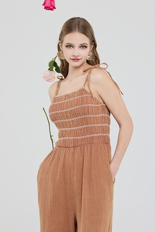 Smocked Top Wide Leg Gauze Jumpsuits - Sleekdenim.com