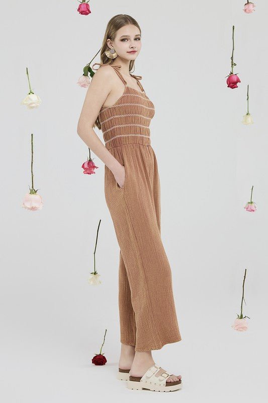 Smocked Top Wide Leg Gauze Jumpsuits - Sleekdenim.com