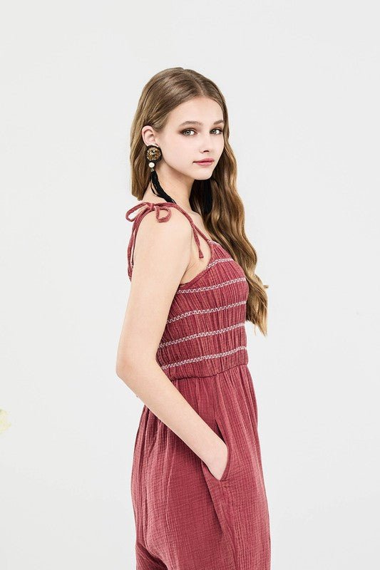 Smocked Top Wide Leg Gauze Jumpsuits - Sleekdenim.com