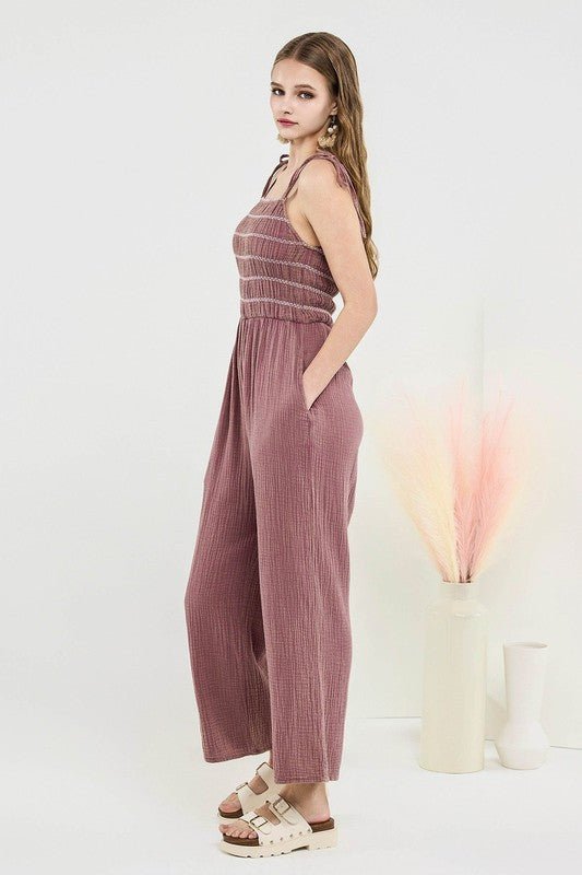 Smocked Top Wide Leg Gauze Jumpsuits - Sleekdenim.com