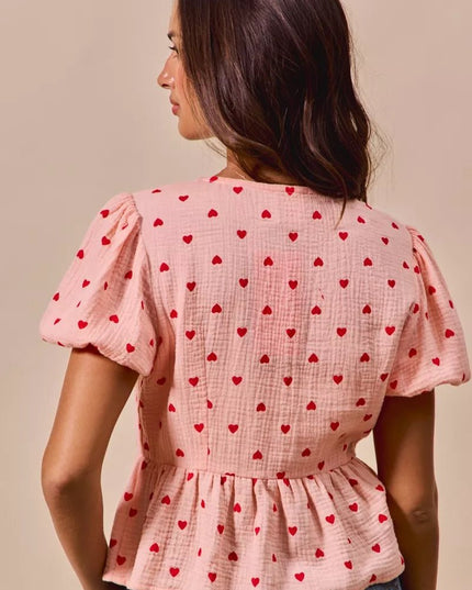 SO ME All Over Heart Ribbon Tie Baby Doll Valentine Blouse - Sleekdenim.com