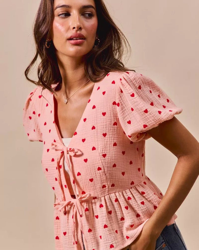 SO ME All Over Heart Ribbon Tie Baby Doll Valentine Blouse - Sleekdenim.com