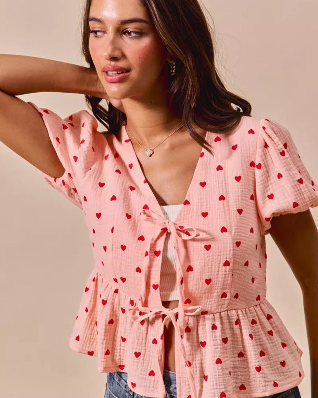 SO ME All Over Heart Ribbon Tie Baby Doll Valentine Blouse - Sleekdenim.com
