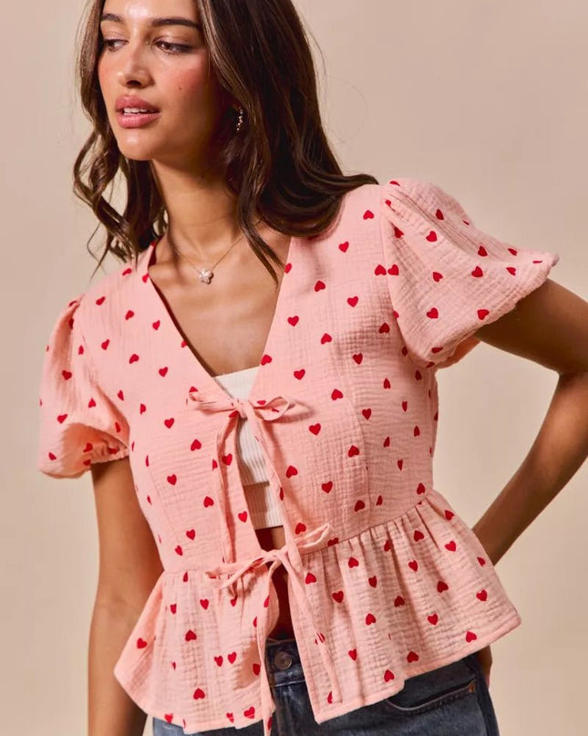 SO ME All Over Heart Ribbon Tie Baby Doll Valentine Blouse - Sleekdenim.com
