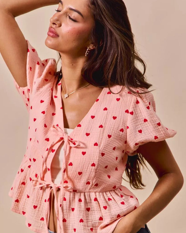 SO ME All Over Heart Ribbon Tie Baby Doll Valentine Blouse - Sleekdenim.com