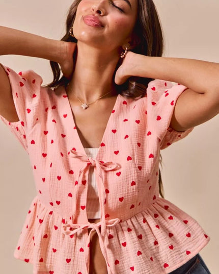 SO ME All Over Heart Ribbon Tie Baby Doll Valentine Blouse - Sleekdenim.com