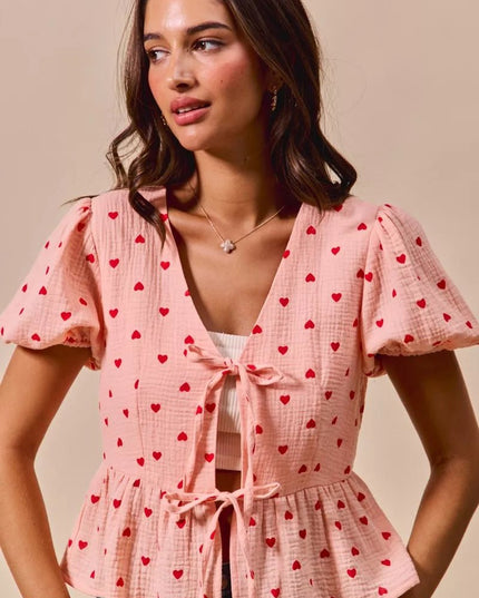 SO ME All Over Heart Ribbon Tie Baby Doll Valentine Blouse - Sleekdenim.com