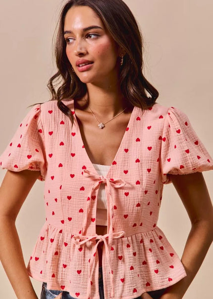 SO ME All Over Heart Ribbon Tie Baby Doll Valentine Blouse - Sleekdenim.com
