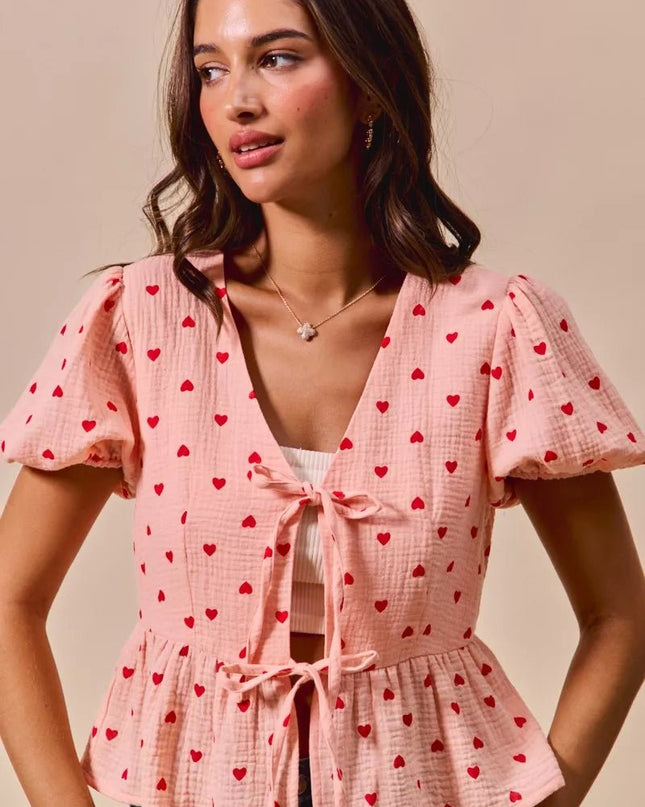 SO ME All Over Heart Ribbon Tie Baby Doll Valentine Blouse - Sleekdenim.com