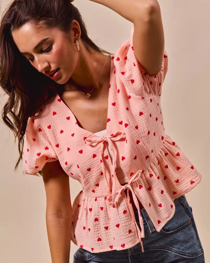 SO ME All Over Heart Ribbon Tie Baby Doll Valentine Blouse - Sleekdenim.com
