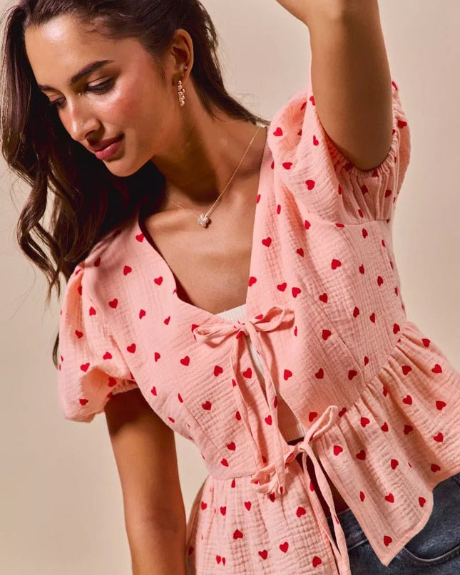 SO ME All Over Heart Ribbon Tie Baby Doll Valentine Blouse - Sleekdenim.com