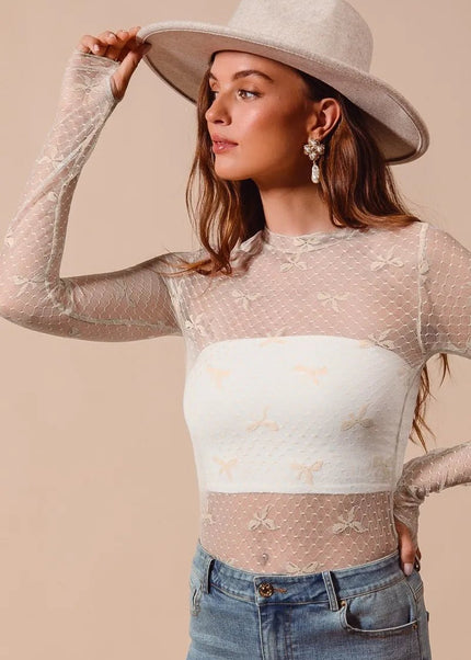 SO ME Bow Ribbon Pattern Sheer Lace Top - Sleekdenim.com