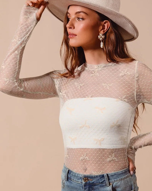 SO ME Bow Ribbon Pattern Sheer Lace Top - Sleekdenim.com
