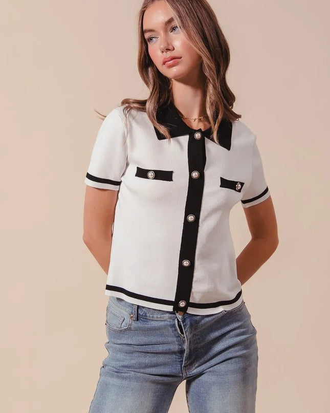 SO ME Button Down Knitted Sweater Shirt Top - Sleekdenim.com