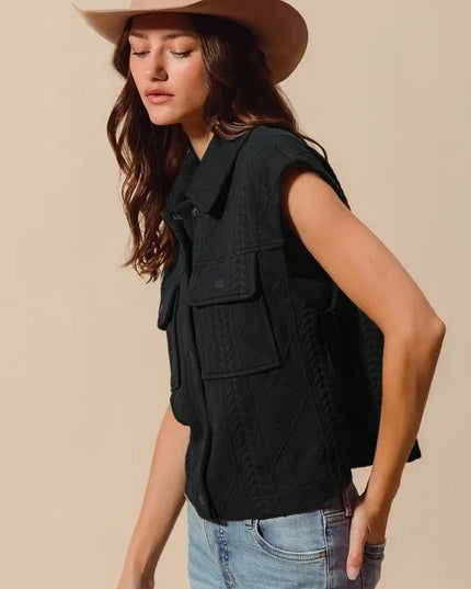 SO ME Cable Quilting Stitch Button Up Knit Vest - Sleekdenim.com