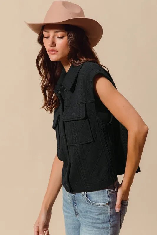 SO ME Cable Quilting Stitch Button Up Knit Vest - Sleekdenim.com