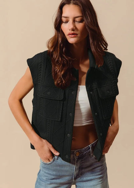 SO ME Cable Quilting Stitch Button Up Knit Vest - Sleekdenim.com