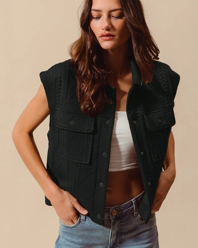 SO ME Cable Quilting Stitch Button Up Knit Vest - Sleekdenim.com