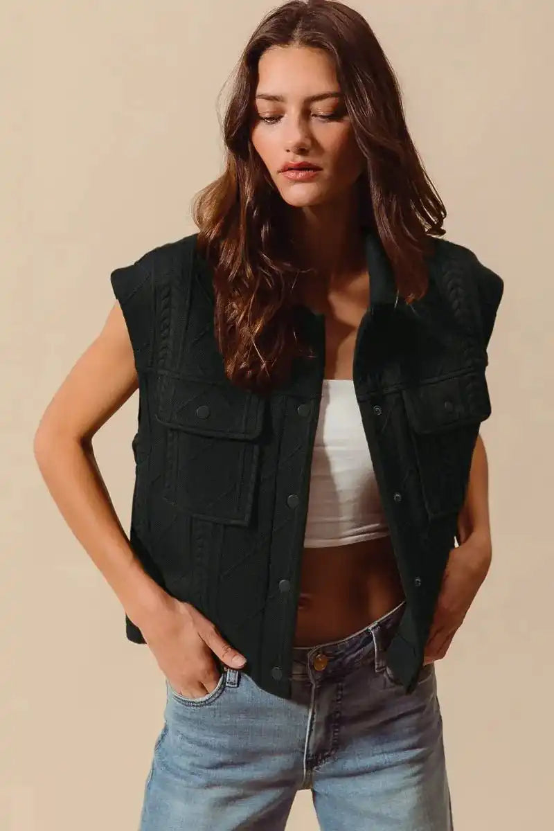 SO ME Cable Quilting Stitch Button Up Knit Vest